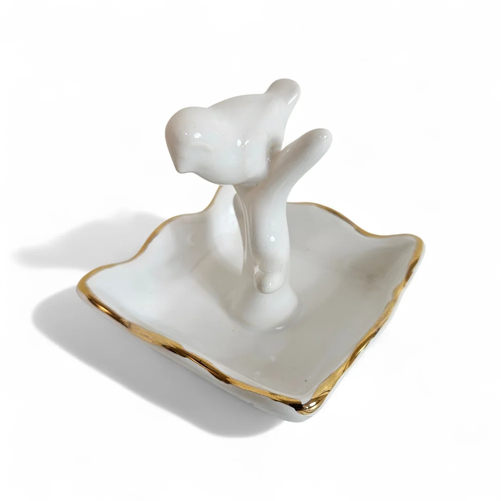 White Ceramic Bird Ring Holder Gold Trim Jewelry Dish Vanity Decor